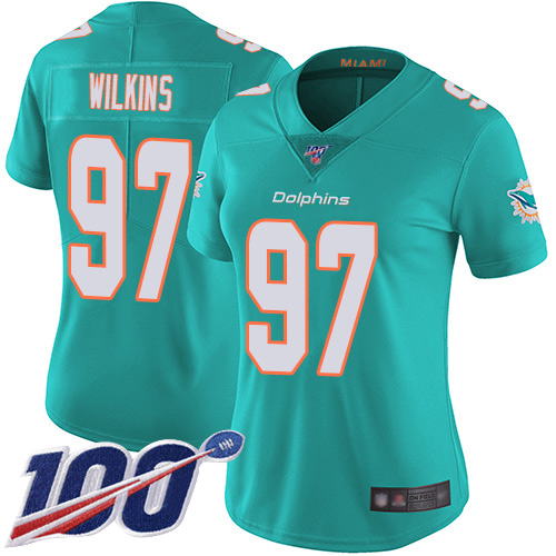 Nike Miami Dolphins #97 Christian Wilkins Aqua Green Team Color Women Stitched NFL 100th Season Vapor Limited Jersey